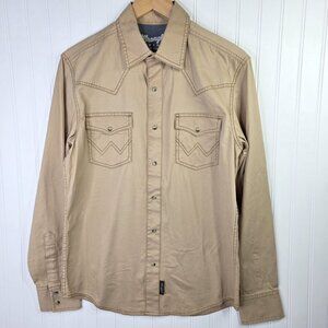 Wrangler Retro Shirt Mens Medium Tan Brown Western Pearl Snap Cowboy Long Sleeve